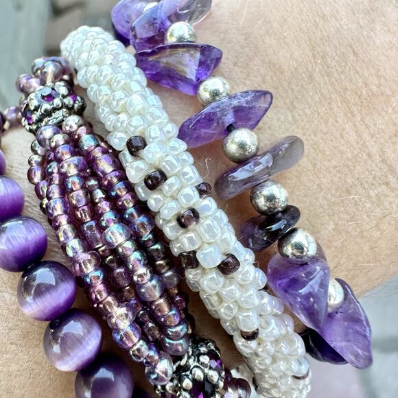 Purple Glass Seed Bead Cat Eye Amethyst Rhinestone Stretch Bracelet Stack - Picture 3 of 7